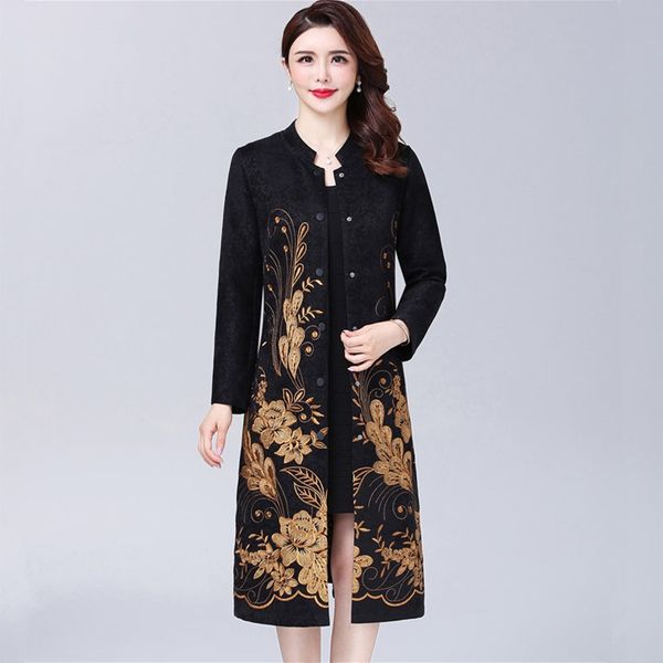 

middle aged mother autumn coat fashion temperament thin long windbreaker retro embroidered ladies trench coat plus size 5xl 164 1026, Tan;black