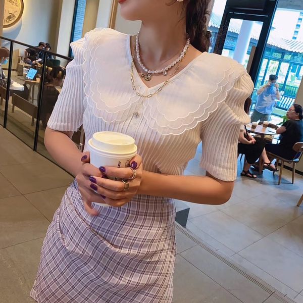

2020 summer new age reduction mesh baby collar coat, stitching knitted blouse versatile style bubble short sleeve t rjilj rjil, White;black