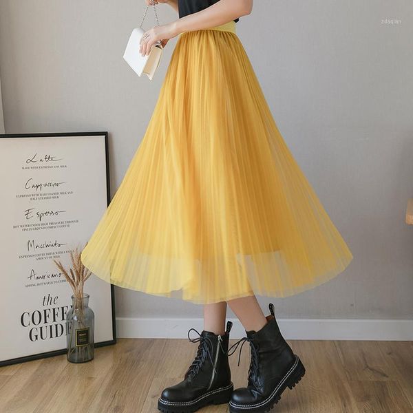 

skirts spring elastic high waist women tulle skirt fashion summer ladies mesh long elegant korean maxi a line pleated1, Black