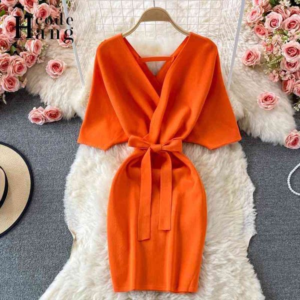 

summer dress fashion knitted bodycon dress women solid v-neck lacing up elegant party casual ladies dresses, Black;gray