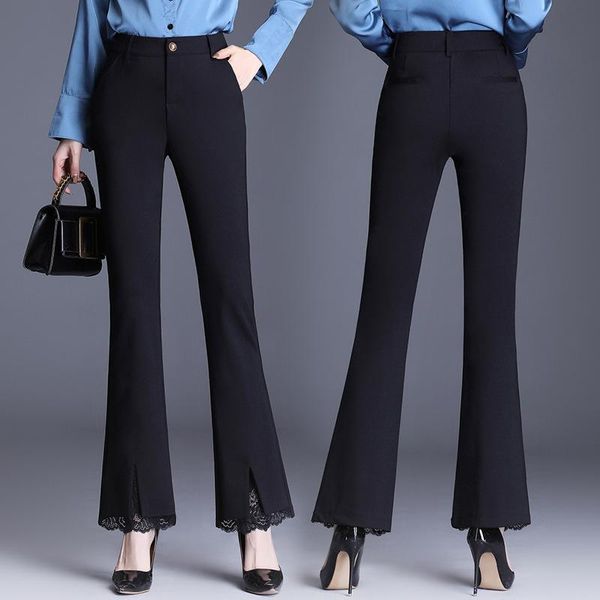 

black straight casual trousers, bell bottomed pants, women's spring and autumn new large size high waist split slim pencil pants, Black;white