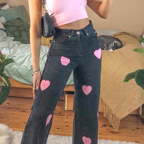 

2020 new arrivals woman high waist ladies jeans print pink heart bodycon high street denim skinny stright pants, Blue