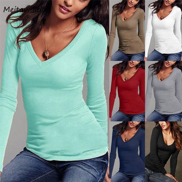 

basic t shirt women long sleeve bottoming 2019 spring autumn cotton white t-shirts plus size v-neck slim tee1