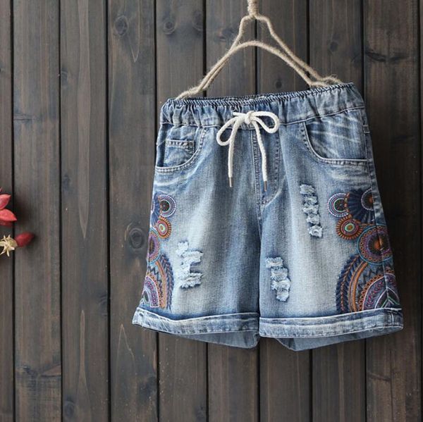 

geometric edge cotton holes denim female summer 2021 loose plus size elastic waist breeches p448 shorts 0b0a, White;black