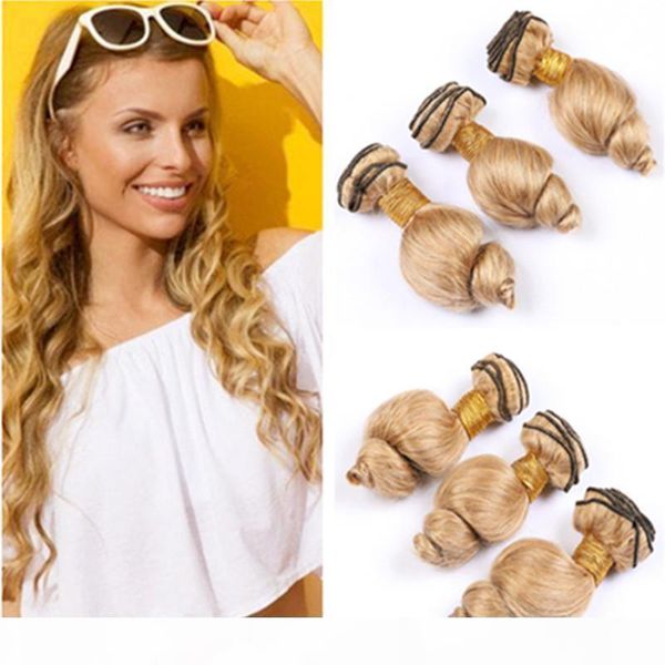 

honey blonde peruvian wavy human hair weave bundles 3pcs #27 light brown loose wave virgin human hair extensions double wefts mixed length, Black