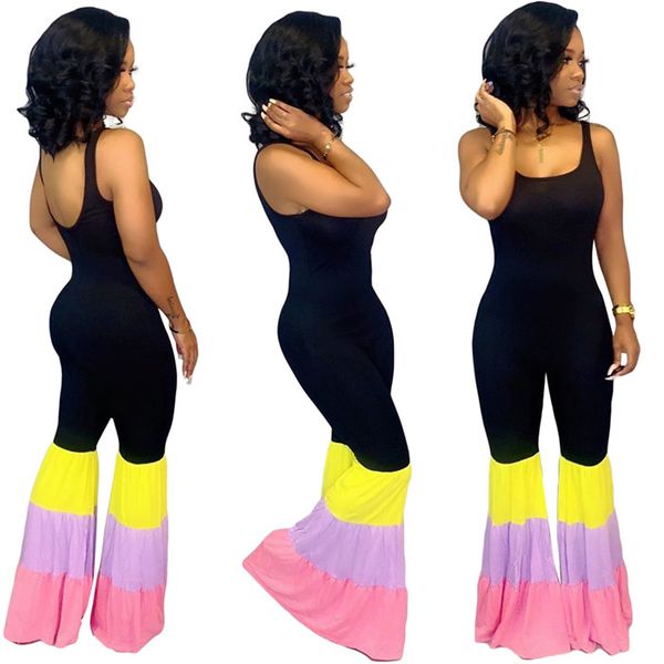 

women backless scoop neck jumpsuit slim fit sleeveless panelled boot but pants rompers ladies casual clothes, Black;white