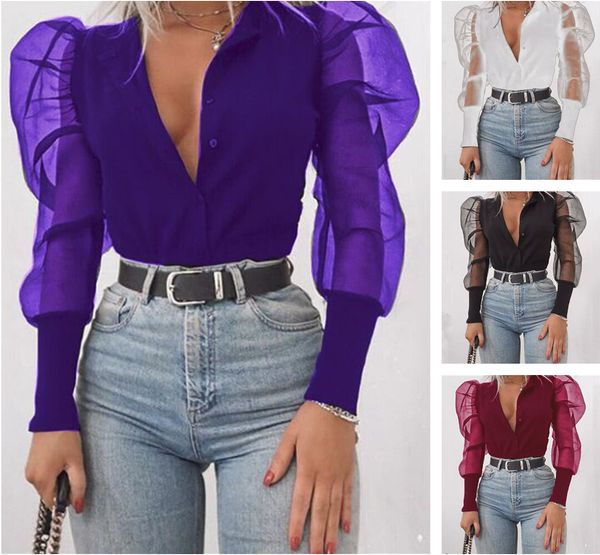 

spring and autumn 2020 women's frothy sleeve long sleeve shirt quality edition fashion designer style clothing solid color shirt, White