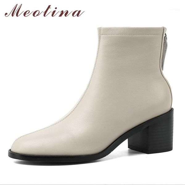 

meotina genuine leather high heel boots lady short boots women shoes round toe block heels zip ankle autumn beige size 401, Black