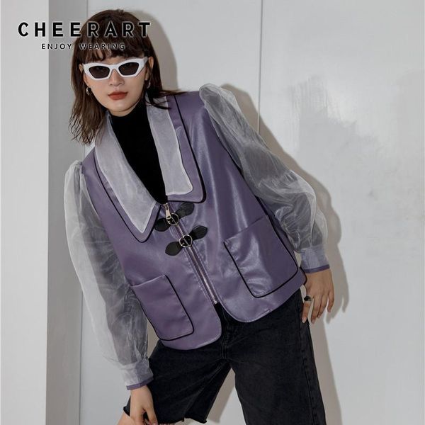 

cheerart purple puff sleeve woman leather jacket designer coat mesh fuax leather fashion jacket women autumn outerwear, Black