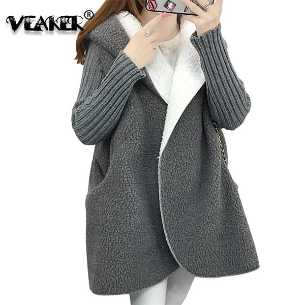 

autumn new hooded coat women loose cardigan warm long cashmere winter sweater thick knitted wool parkas oversize jackets lj201128, Black
