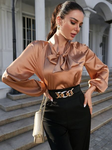 

lantern sleeve tie neck satin blouse w439#, White