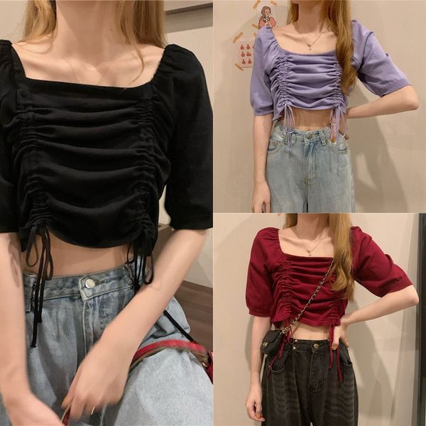 

корейское свободно плиссированное квадратных шеи короткого пальто футболка топа рукав футболка женщины лето 2020 новые случайная случайный ш, White