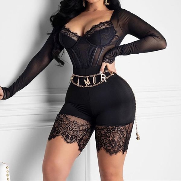 

newasia garden lace bodysuit long sleeve mesh see through jumpsuit women v-neck bodycon romper plus size black playsuit y200401, Black;white