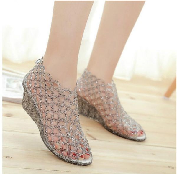 

women's shoes sandals fish mouth middle heel nest plastic crystal jelly shoes summer beach sequins sparkling clear heels, Black