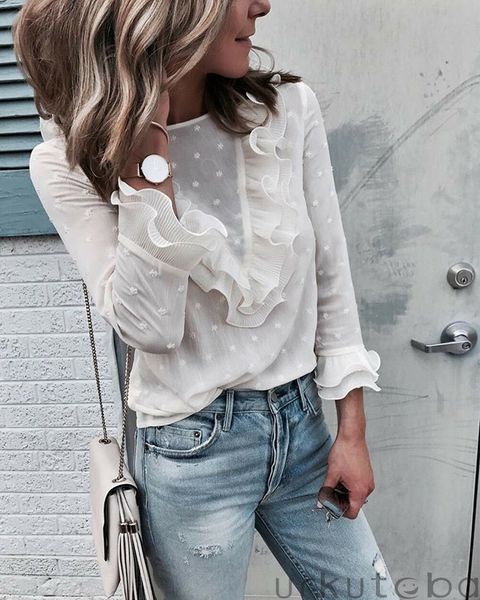

women's ruffle frill shirt long sleeve casual party lace t-shirt tee, White