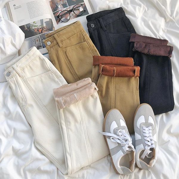 

yeeloca spring classic basic washed plush denim pants female casual high waist loose trousers korean thickened straight jeans1, Blue