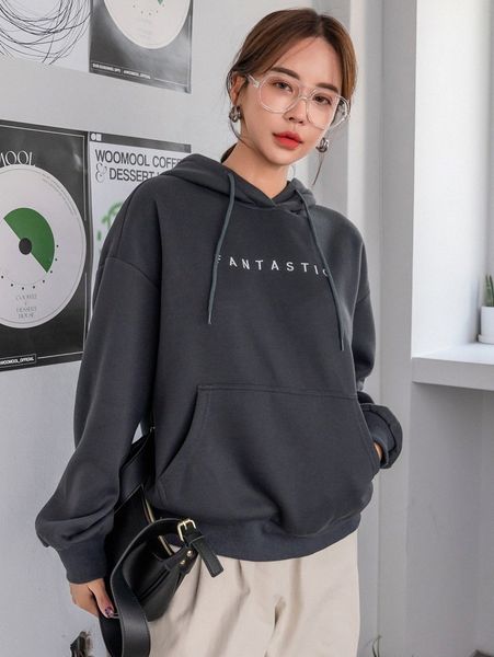 

dazy letter embroidery kangaroo pocket drop shoulder drawstring thermal hoodie y0pj#, White;black