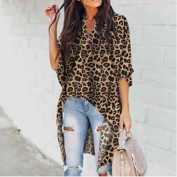 

women ladies v-neck casual blouse flare sleeve irregular leopard print shirt, White