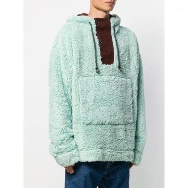 

new autumn winter ac sticking cloth drawstring lamb hair fleece hoodie sew colorblock stand collar casual fashion sweater parkas1, Black