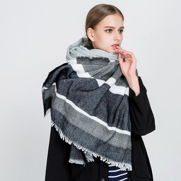 

new cashmere like striped scarf with fringed thermal scarf for female lovers in autumn and winter of 2020, Blue;gray