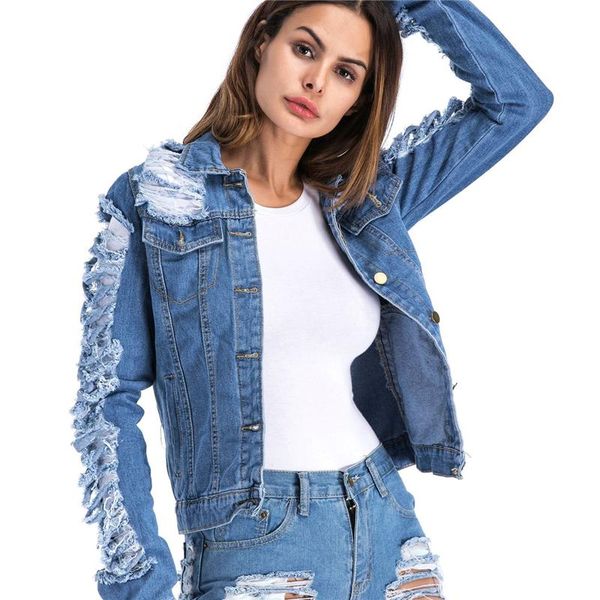 

short denim jacket личность женский 2020 весна осень мода новые сыпучие tear ветер большие отверстия джинсовой куртки tide h00480, Black;brown