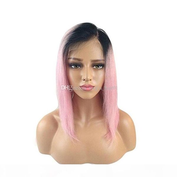 

ombre wigs two tone natural black ombre pink long silky straight lace front wigs heat resistant 100% human hair lace front wig, Black;brown