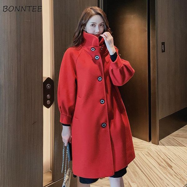

blends women single breasted korean style simple new elegant slim womens harajuku ulzzang leisure blend winter coat, Black