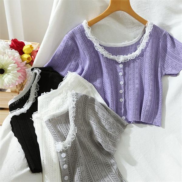 

women's t-shirt crop women short sleeve elegant t shirt femme summer thin knitted korean sweet cute female, White