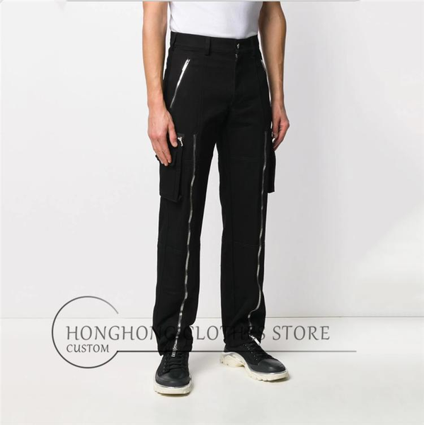 

men's pants [27-44 ] spring and autumn tide men's fashion casual zipper decorative straight baggy overalls1, Black