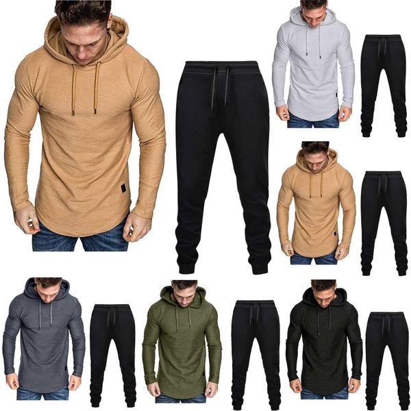 

autumn winter men's tracksuit solid color drawstring long sleeve hooded sweatshirt + sweatpants suit leisure workout pants, White;black