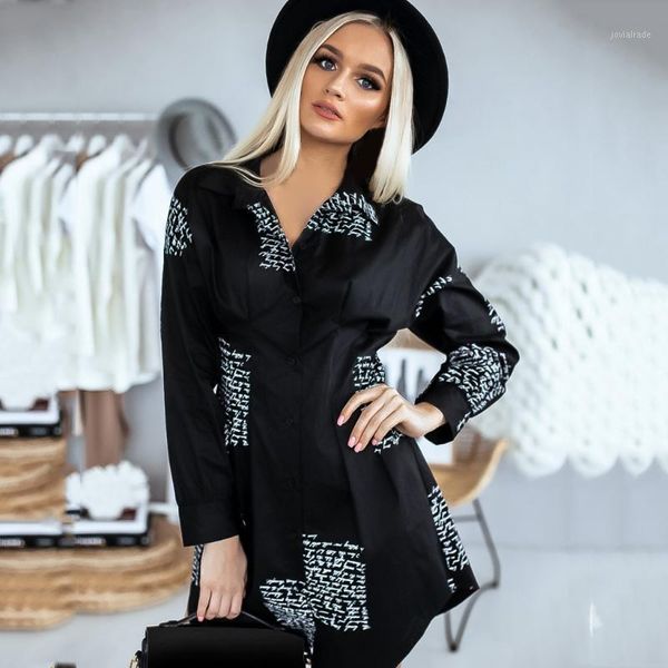

casual dresses summer women dress plus size black turn down collar elegant letter print buttons mini shirt femme robe1, Black;gray
