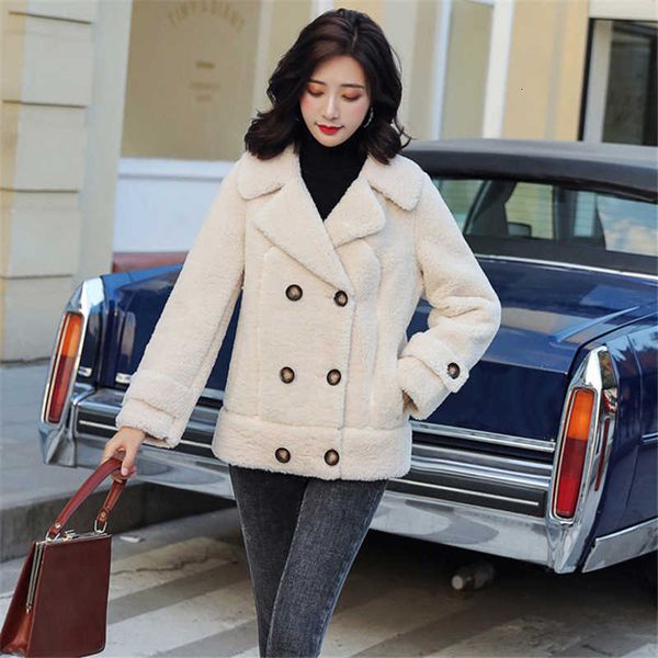 

wool blends winter coat women sheep fur parka real price silm clothing short faux leather jacket turn-down collar wool fur coats 201016, Black;brown