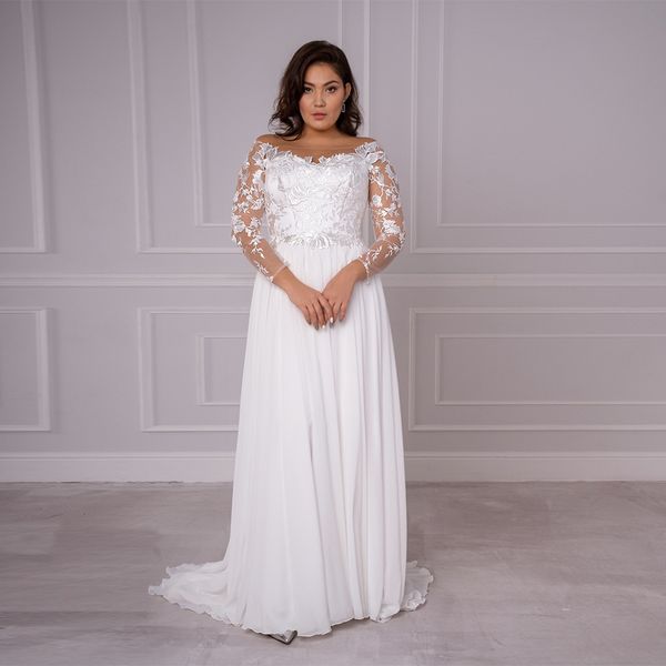 

2021 chiffon plus size wedding new arrival boat neck long sleeves lace applique a line sweep train bridal gown i802, White