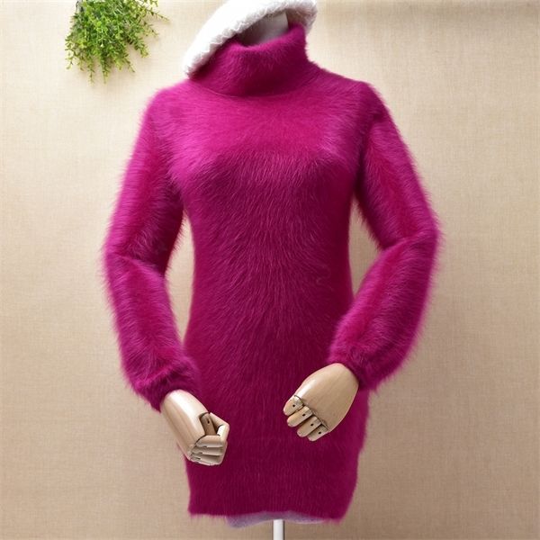 

female women fashion hairy fluffy mink cashmere long sleeves turtleneck slim bottoming pullover angora rabbit fur winter jumper h1211, White;black