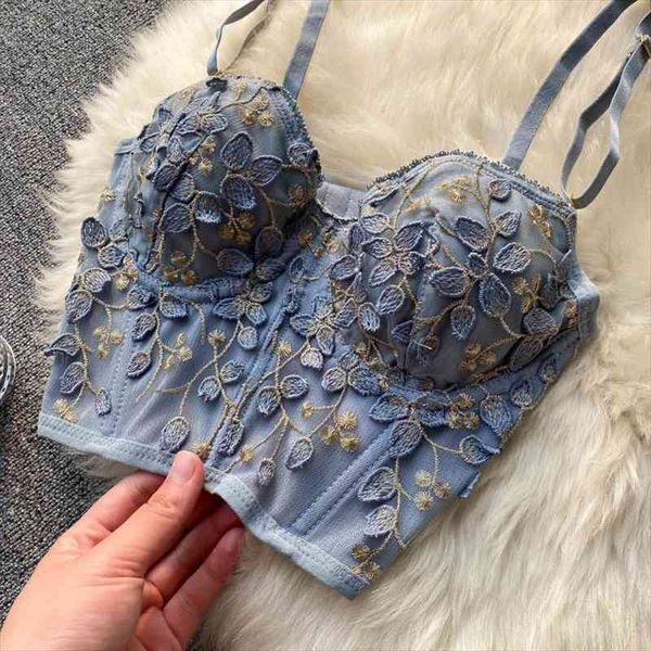 

high street womens camisole fashion embroidered 3d petal bustier bra cropped female thin underwear y1150, White