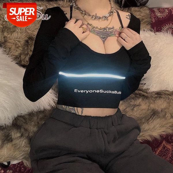 

artsucrop long sleeve t-shirts women patchwork reflective striped streetwear female black streetwear asts21376 #la3g, White