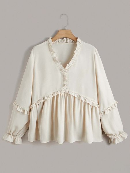 

plus frill trim flounce sleeve blouse m1rg#, Black