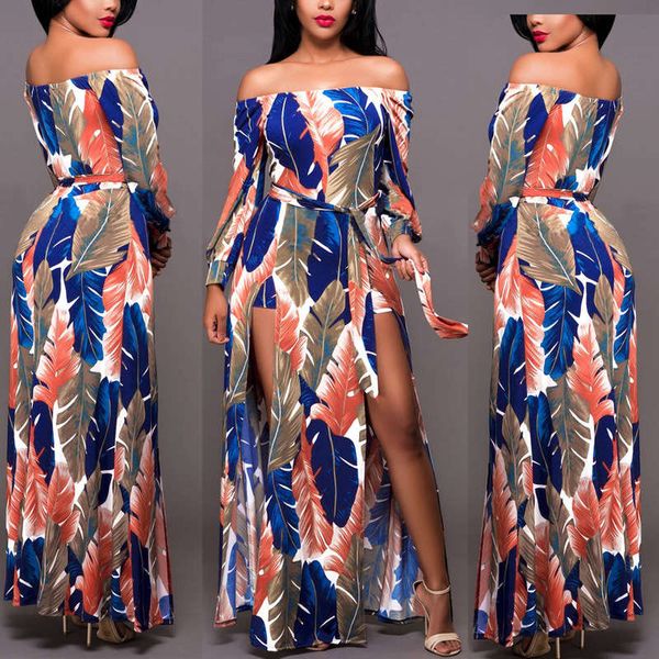 

2019 tree leaf print slit off shoulder beach dress, Black;gray