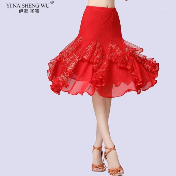 

belly dance costume outfits performance dance short skirt ballroom ladies waltz modern standard tango dancewear 360 degree skirt1, Black;red