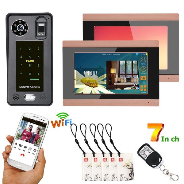 

video door phones 2 monitors 7inch wired wifi fingerprint ic card phone doorbell intercom system with access control system,suppo
