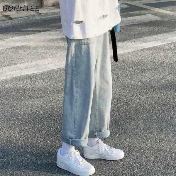 

jeans men solid simple ankle-length chic denim straight trousers loose hip-hop streetwear male harajuku new1, Blue