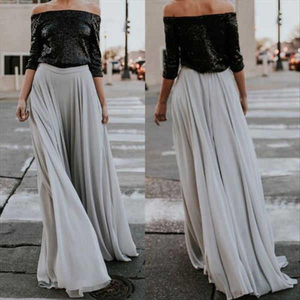 

women lady summer boho flare pleated casual party maxi long beach skirt chiffon high waisted skirts women summer clothing, Black