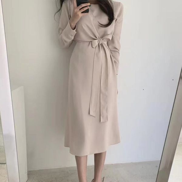 

2020 korean autumn new fashion dress skirt skirtchic bandage mid long skirt solid color professional temperament long sleeve dress zy06i zy0, Black;gray