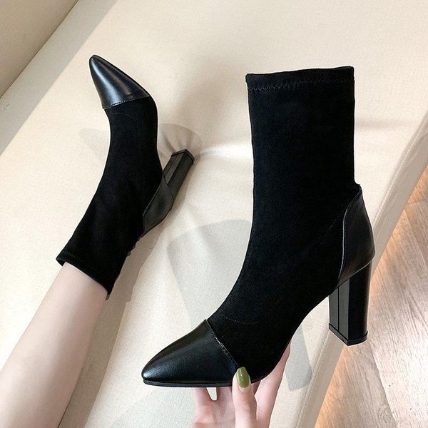 

brand women's shoes boots round toe booties woman 2020 low heel boots-women fashion rock mid-calf mid calf autumn ladies, Black
