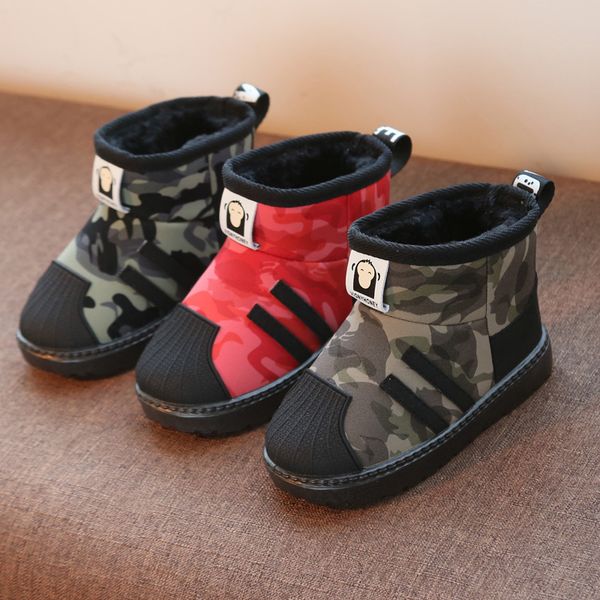 

boots boys waterproof 2020 winter kushyshoo velvet snow non-slip girls camouflage soft bottom children's shoes, Black;red