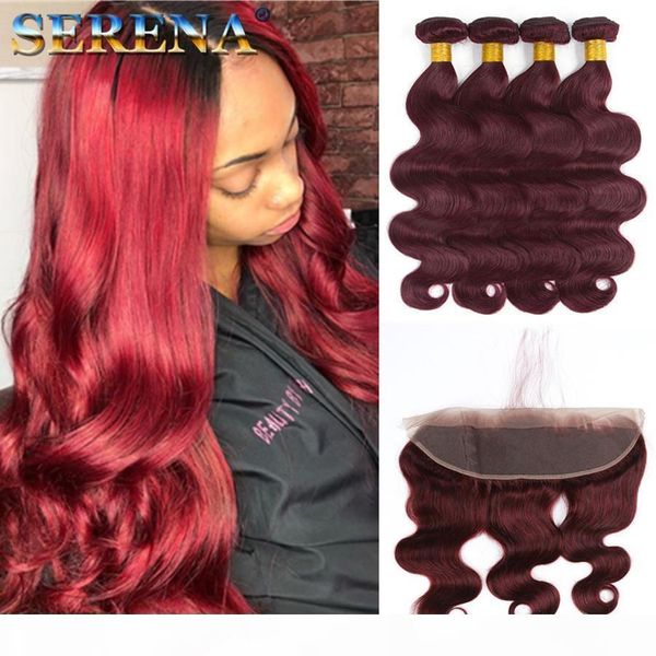 

wine red ombre brazilian virgin human hair wefts with frontal body wave 99j burgundy ombre lace frontal closure 13x4 with bundles, Black;brown