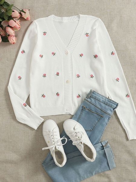 

floral embroidery button up cardigan 63ms#, White