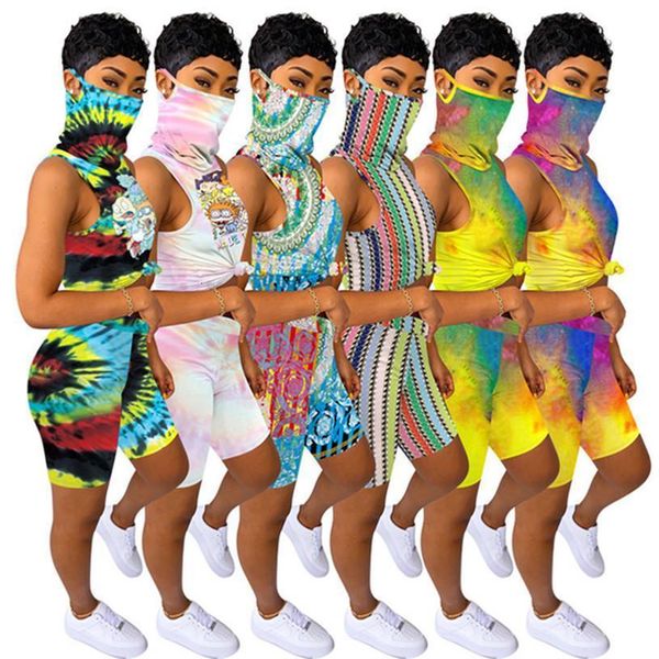

women designer t-shirt shorts outfits jogger suit 2 piece set with mask sleeveless pullover tie-dye summer casual clothes tracksui