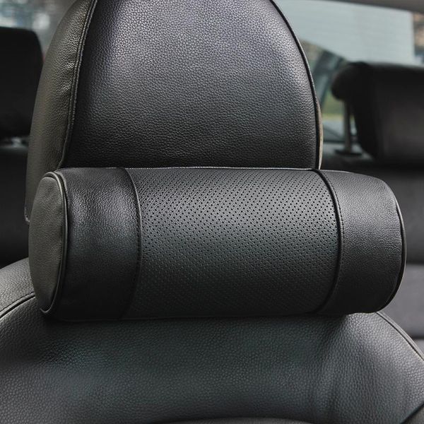 

genuine leather car seat headrest pillows auto safety cylindrical black neck support cover cushion memory bone head protector