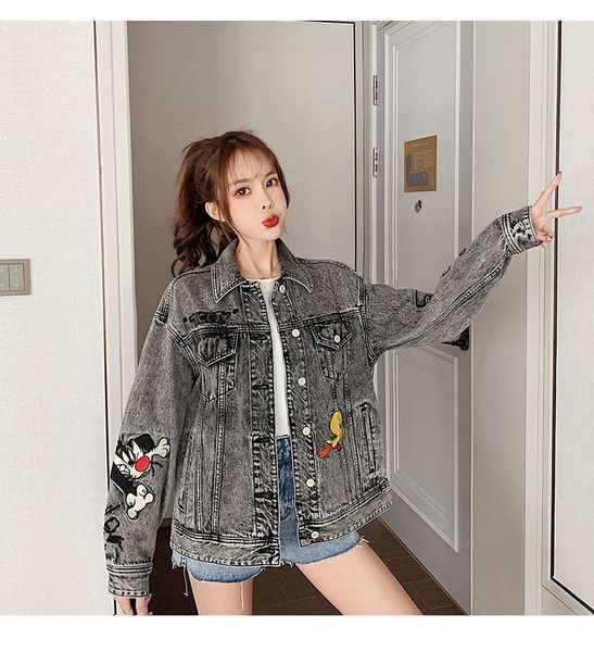 

2021 jean female spring new loose single breasted embroidered standard korean manga cartoon fashion nz29 jacket vxrx, Black